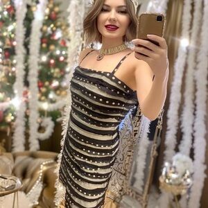 BCBGMaxAzria Black and White Striped Prom Dress